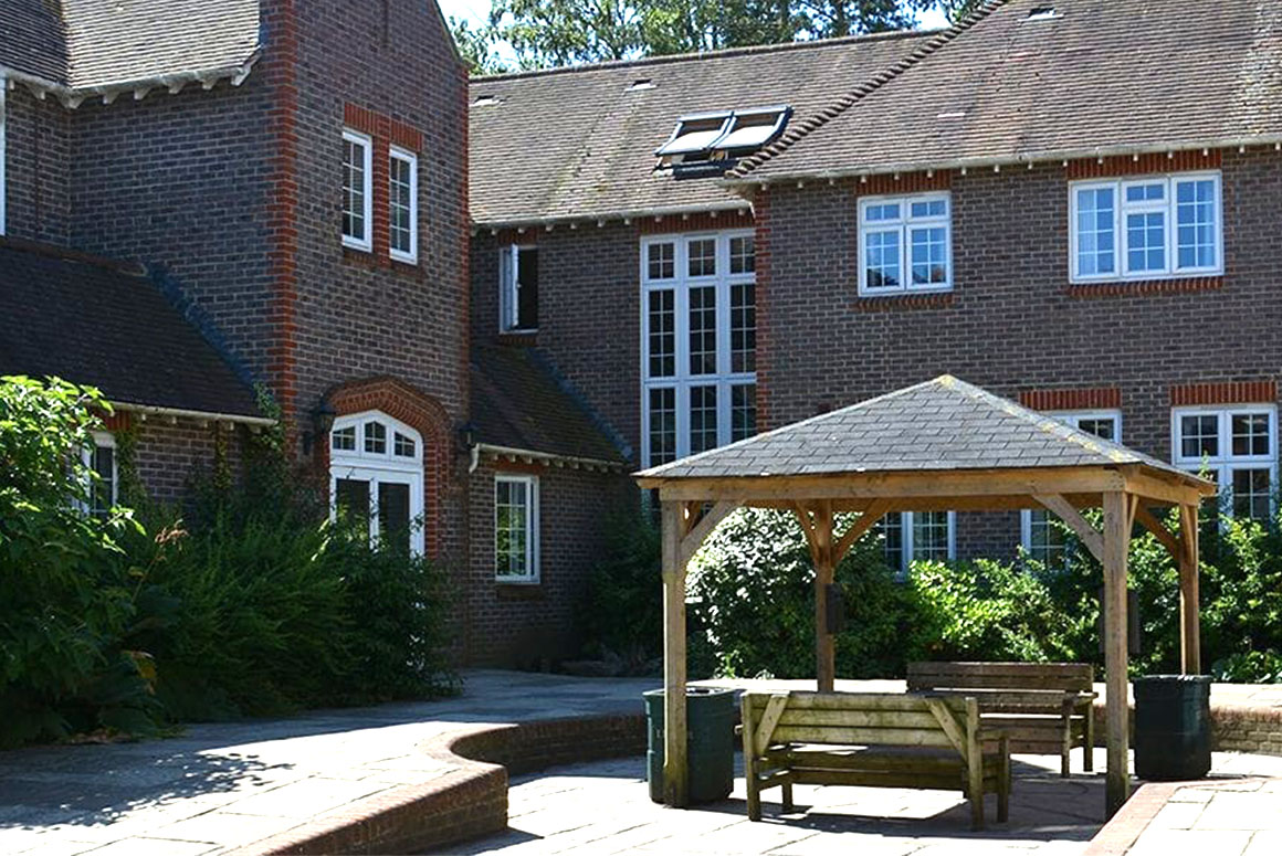 Plumpton College inner courtyard with wooden gazebo
