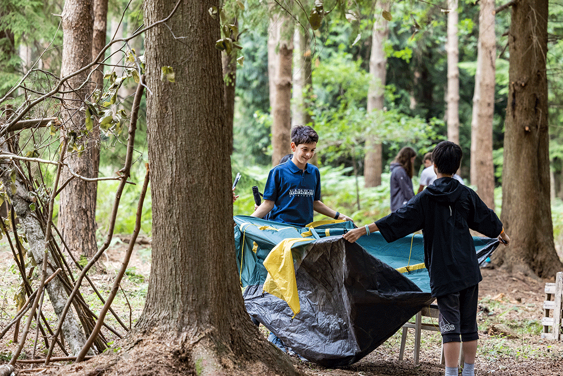 British Summer School students building a tent in woodland